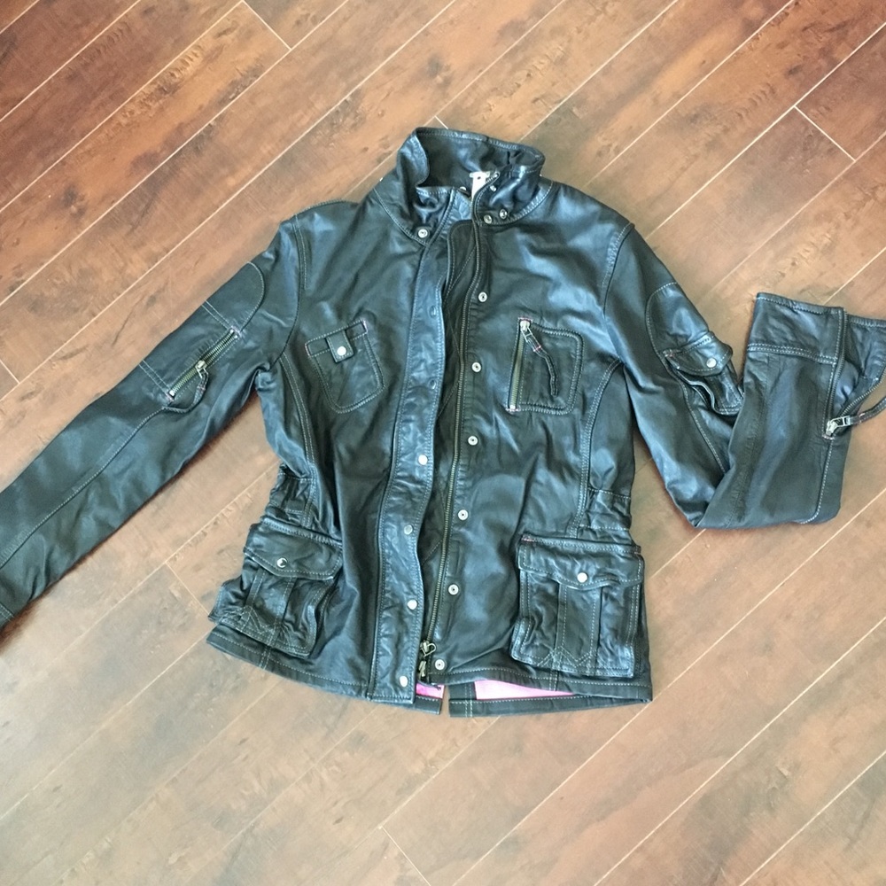 Leather biker jacket with goggle hood